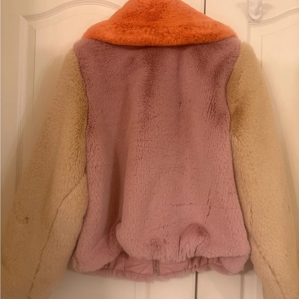 New York & Company Soft and warm Orange, tan & pink Faux Fur Jacket Orange Size M - Image 2