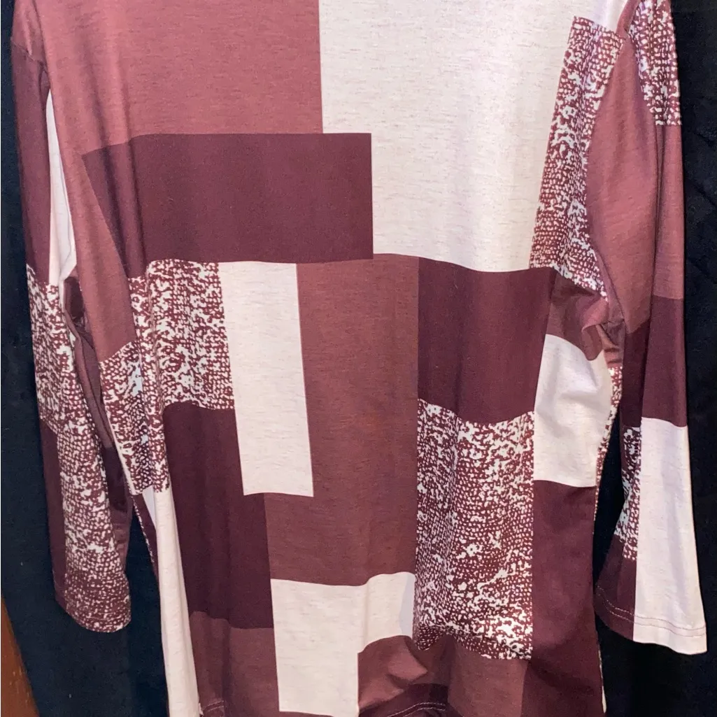 Stylish Burgundy and White Patchwork Long Sleeve Top Brown Size L - Image 6