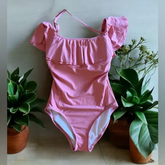 Michael Kors Pink Ruffle Swimsuit Built in Shelf Bra Padded Cups Off Shoulder 6 - Image 2