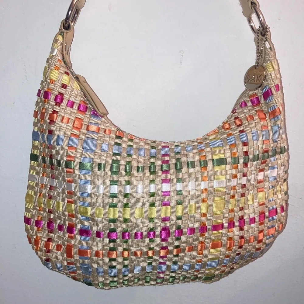 THE SAK Tan, Green, Pink, White, Orange, Blue Striped Woven Ribbon Purse - Image 3