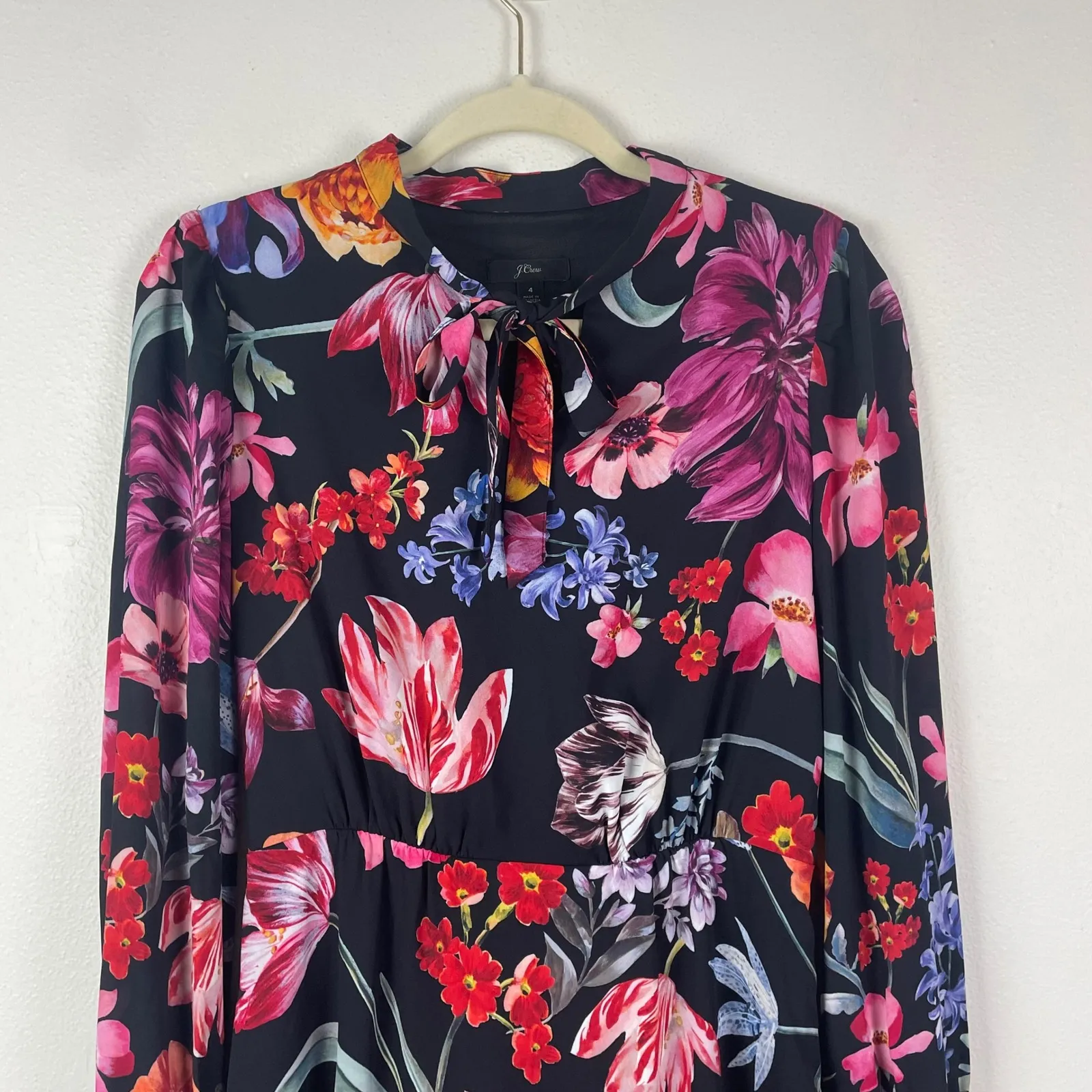 J. Crew Floral Midi‎ Dress Long Sleeve Women's Size 4 Tie Waist Midnight Dutch - Image 2