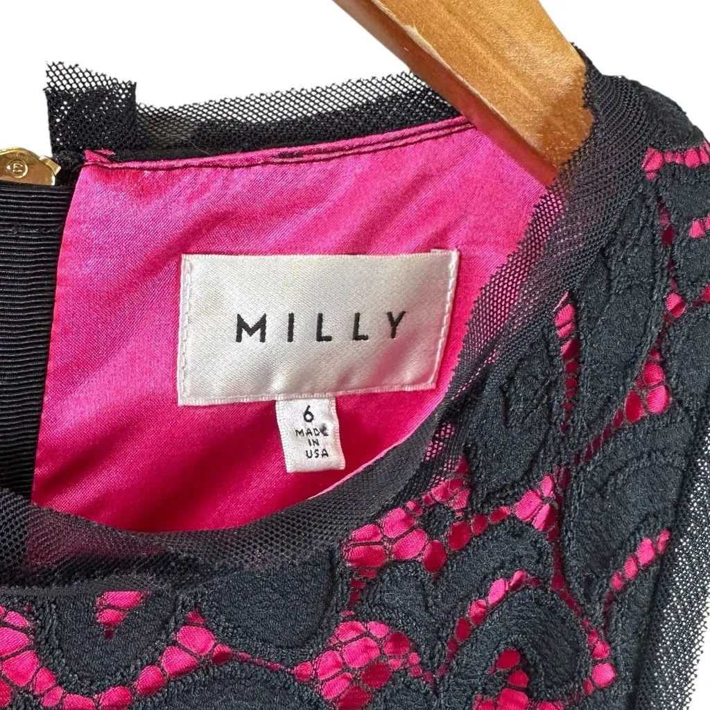 Milly Black and Fuchsia Pink Lace Overlay Sheath Dress Size 6 Cocktail Party - Image 5