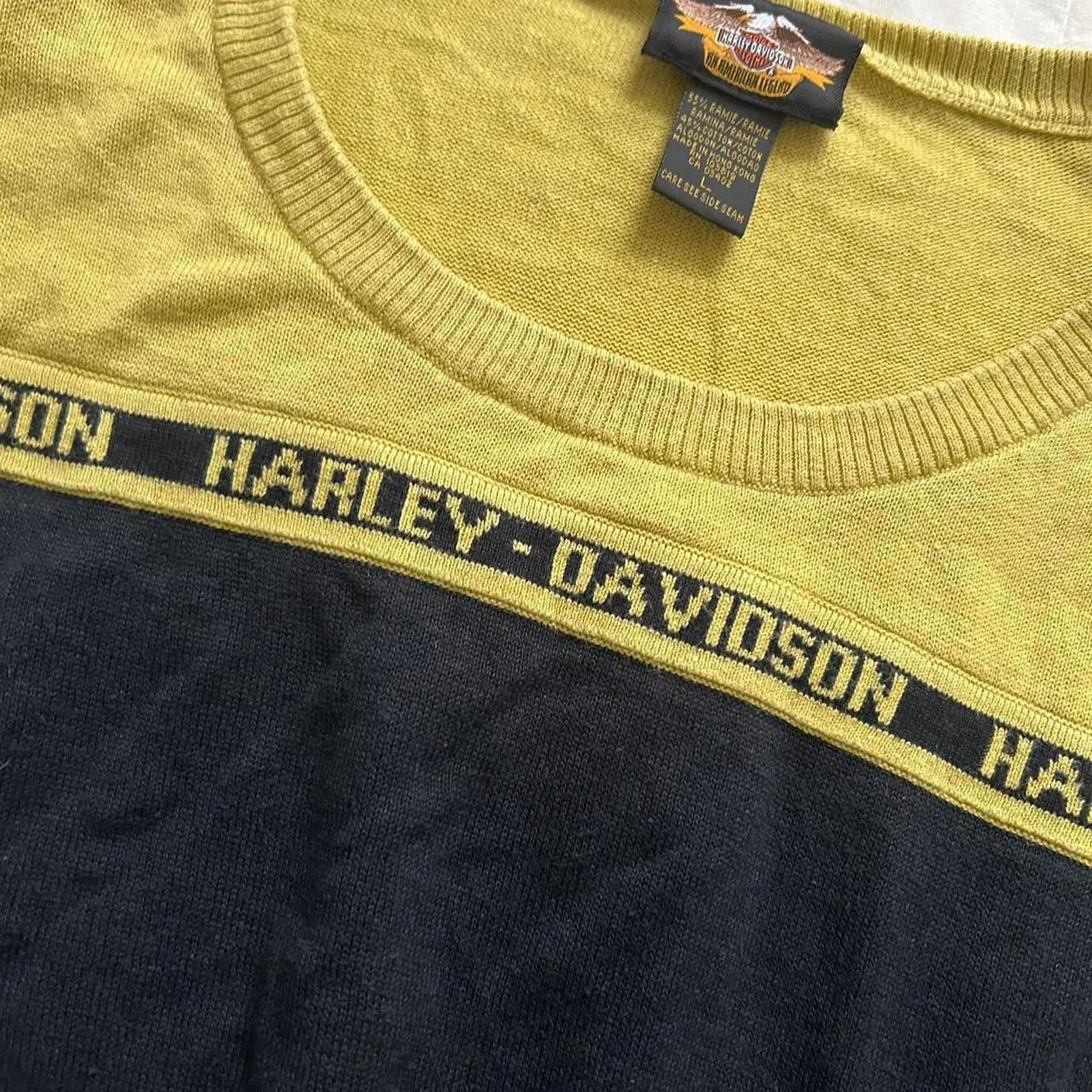 Y2K Harley Davidson greenish yellow and black knit logo intarsia sweater Size M - Image 2