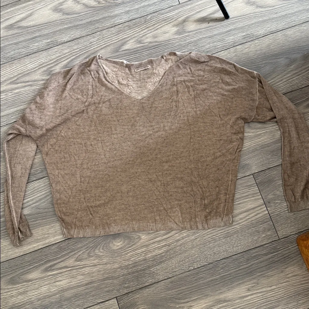 Beige Knit Sweater made in Italy with sequin angel wings on it he back medium Tan - Image 2