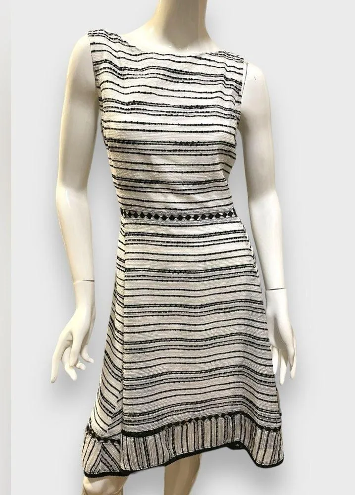 Taylor Sleeveless Ivory Black Tweed Striped Fit N Flare Midi Dress Size 10 NWT White - Image 6