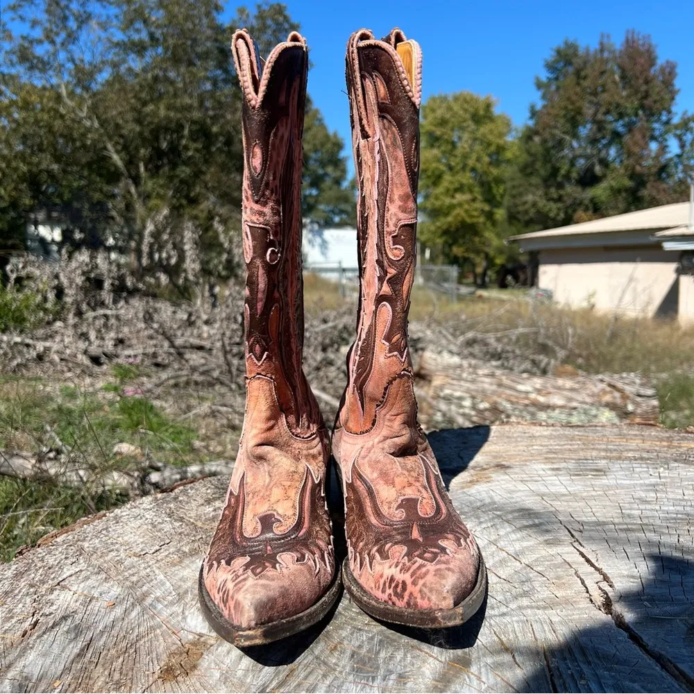 Old Gringo Eagle Distressed Pink Leather Western Boots Leopardito Cowgirl 6.5 - Image 4