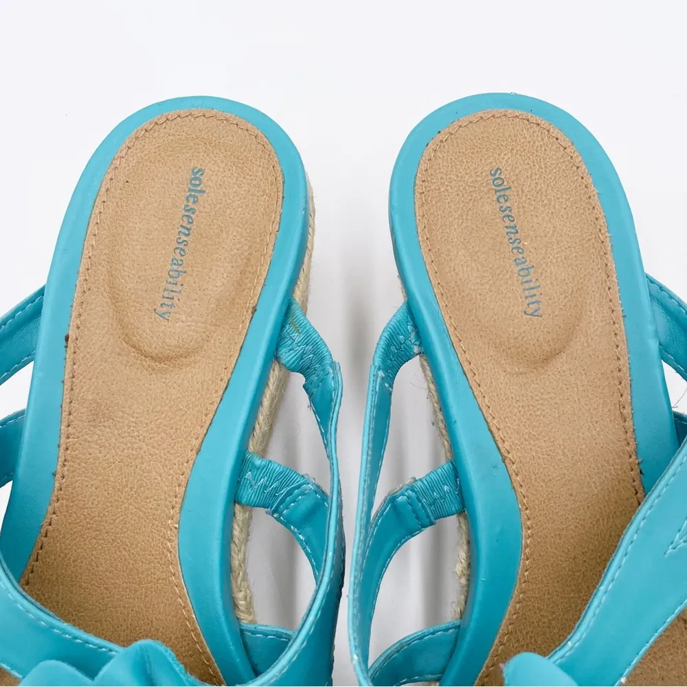 Solesenseability Mona Blue Faux Leather Flower Embellished Wedge Sandals 9.5 - Image 5