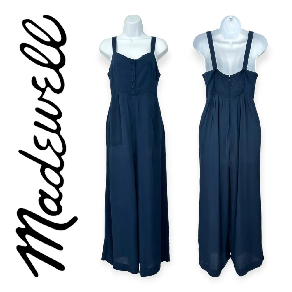 Madewell | Size 2 | Navy Blue Smocked Button-Front Cropped Wide-Leg Jumpsuit - Image 3