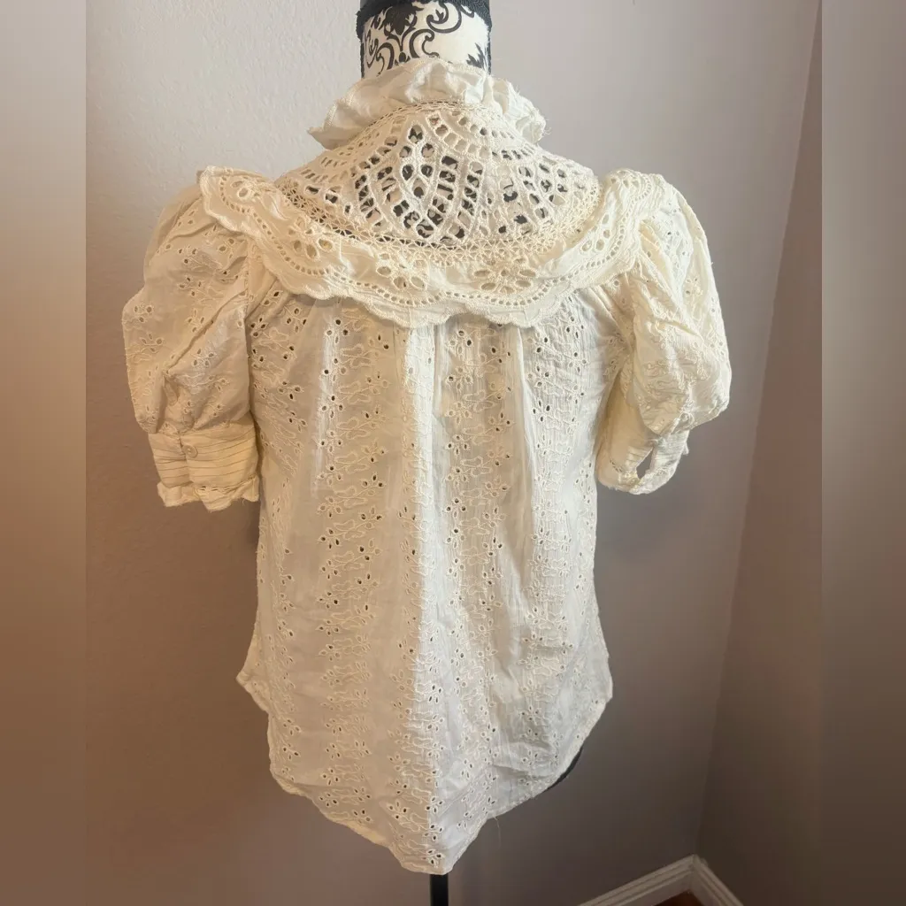 HOUSE OF HARLOW 1960 Ivory Ruffle Trim Puff Sleevees Blouse Size M - Image 6