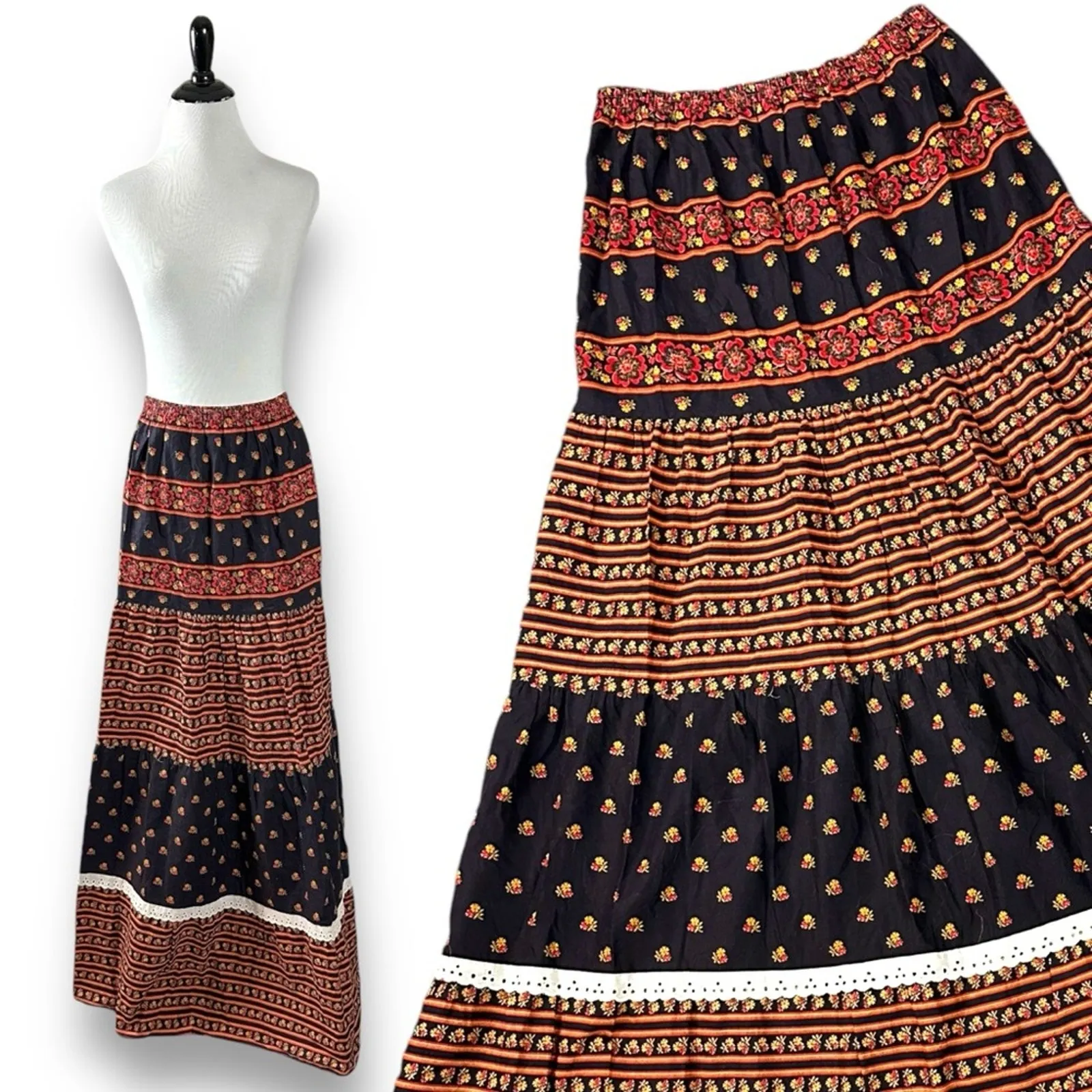 Vintage 70s Western Bohemian Prairie Maxi Skirt Size 11 Floral Lace Hippie Fall Blue - Image 2