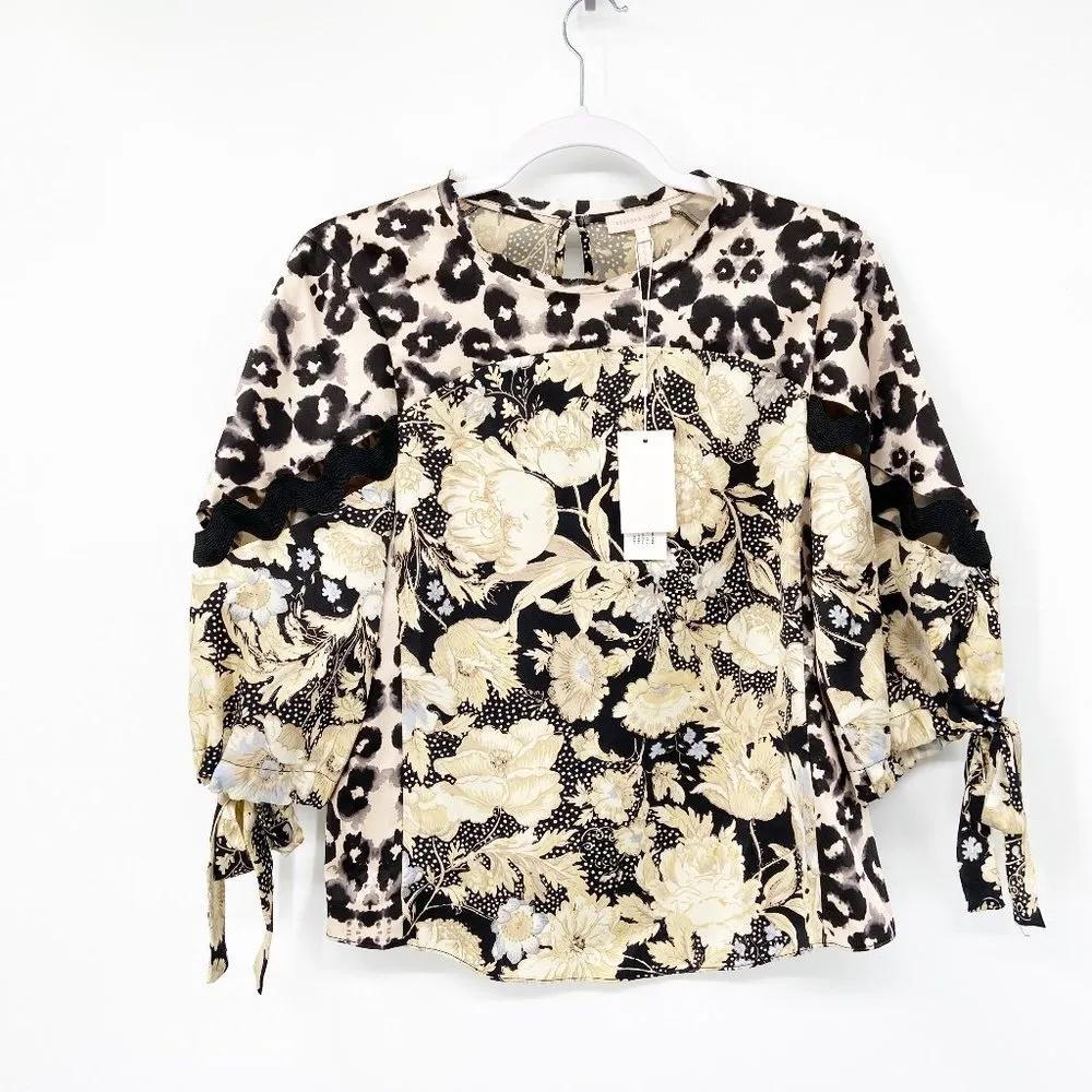 Rebecca Taylor Floral Contrast Silk Tie Blouse - Image 45