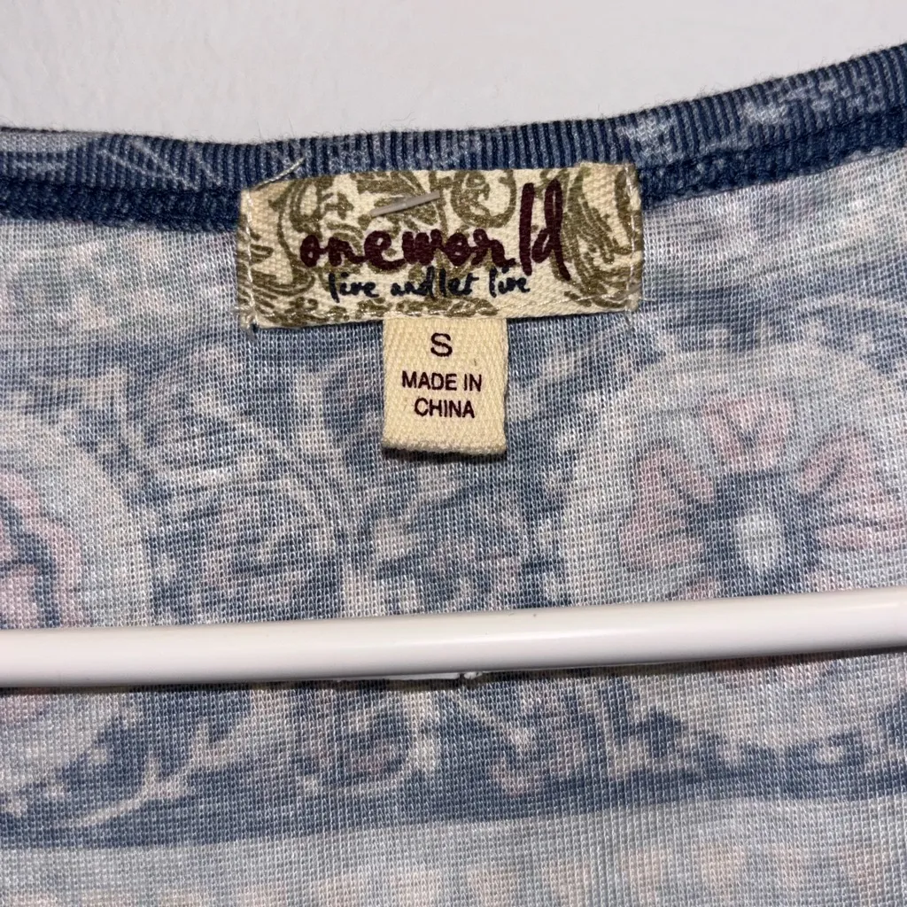 ONE WORLD Blue and Pink Mandala Short Sleeve Top with Pink Rhinestones - Image 2