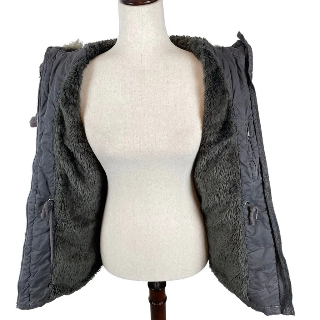 Aeropostale Y2K Utility Jacket Womens S Faux Fur Lined Hood Military Bomber Gray - Image 9