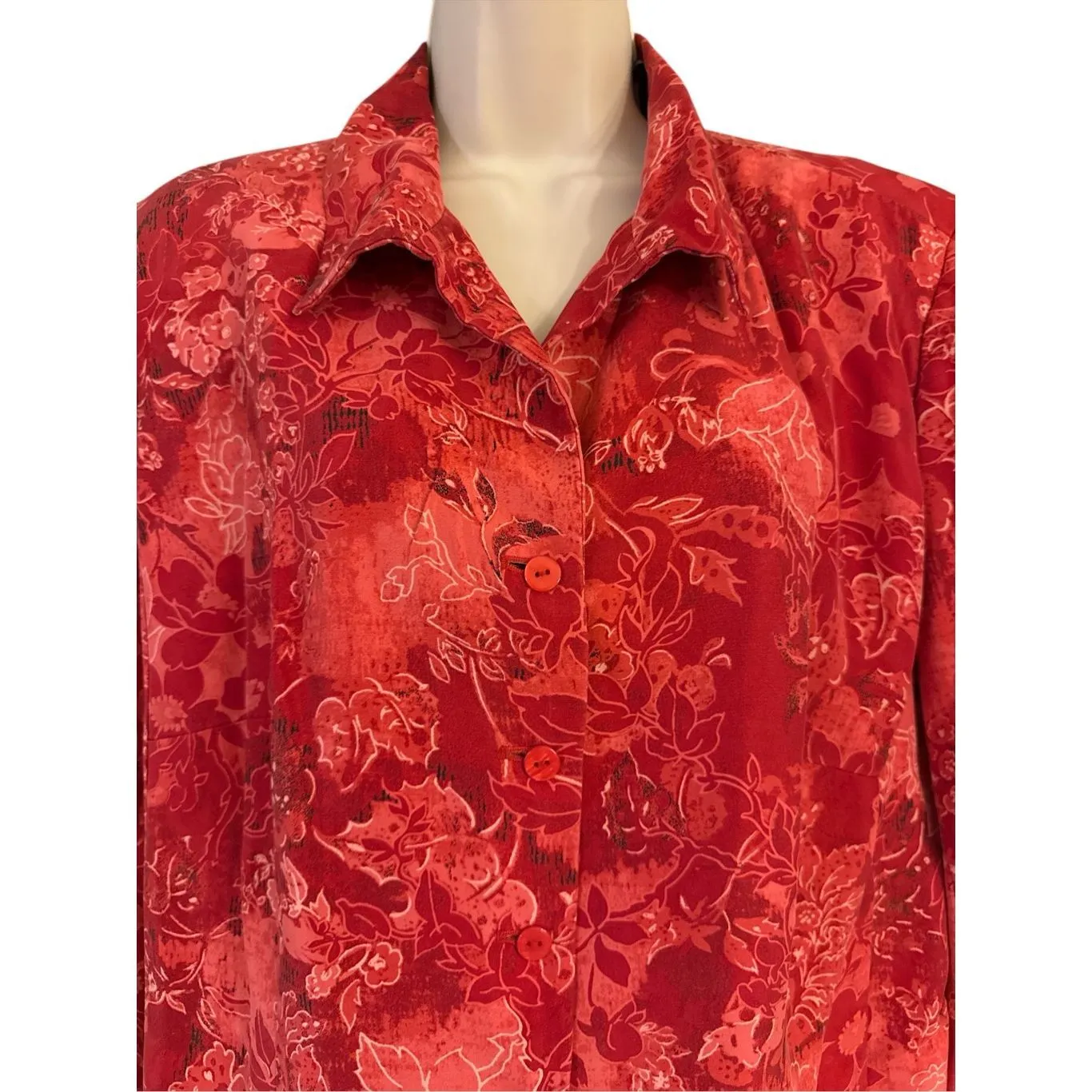 Kate Hill Women's Silk Blazer Red Floral Button Front Lined Jacket Size 16W - Image 2