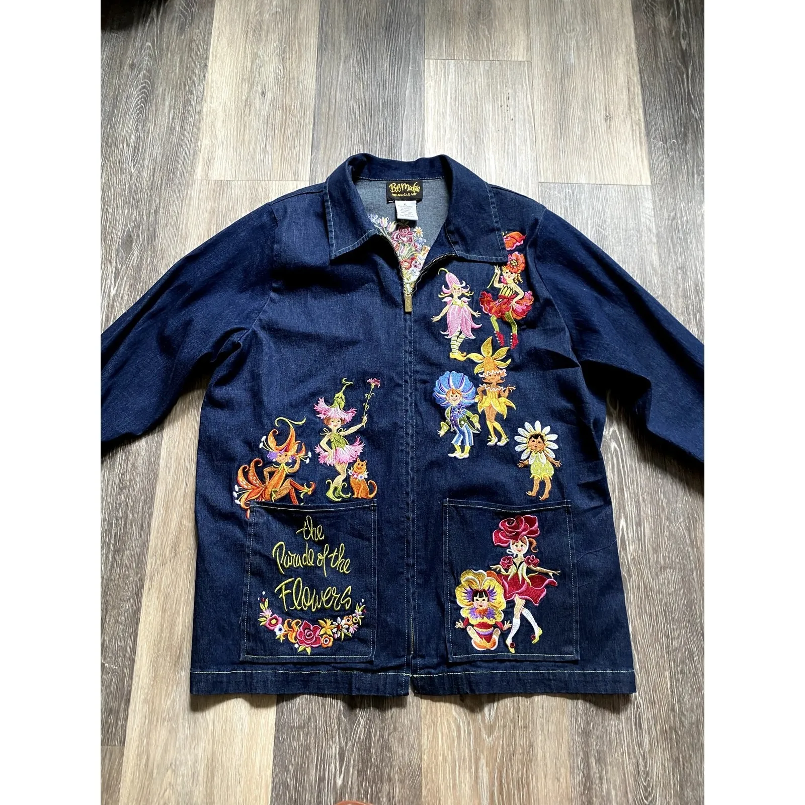 Vintage 90s Y2K Embroidered Fairy Garden Denim Jacket XL Whimsical Ethereal Folk Blue - Image 2
