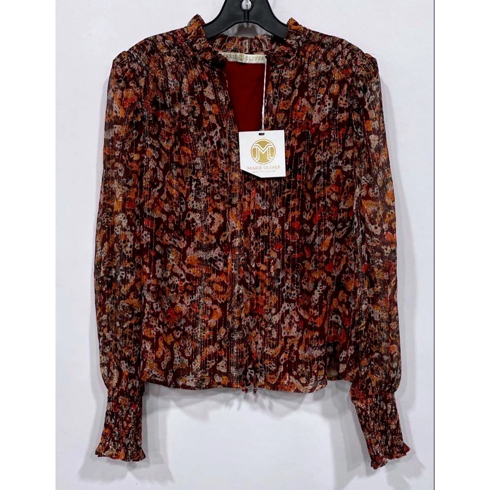 Marie Oliver Jennifer Blouse Layered Leo Print Silk Blend Tie Neck Womens Small - Image 2