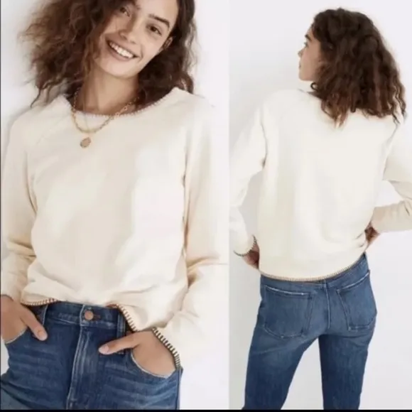 Madewell Cream Embroidered Blanket Stitched Shrunken Sweatshirt Size Small - Image 2