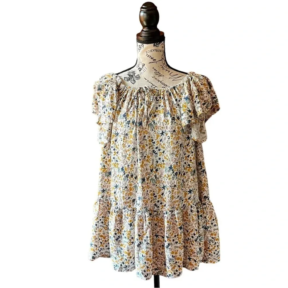Cynthia Rowley Floral Babydoll Mini Dress XS – Yellow Blue White Peasant Tiered - Image 2