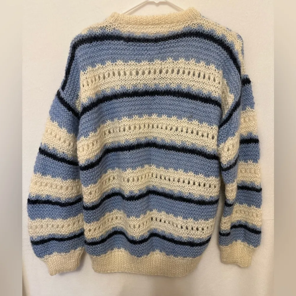 Wool Sweater Womens Balloon Sleeve Hand Knitted Stripe Blue Cream Knit Large - Image 2