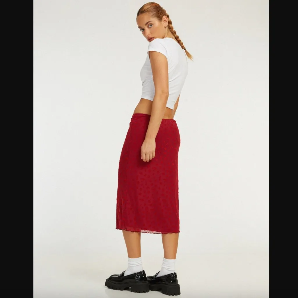 Motel Rujha Red Floral Flock Mesh Midi Skirt S - Image 4
