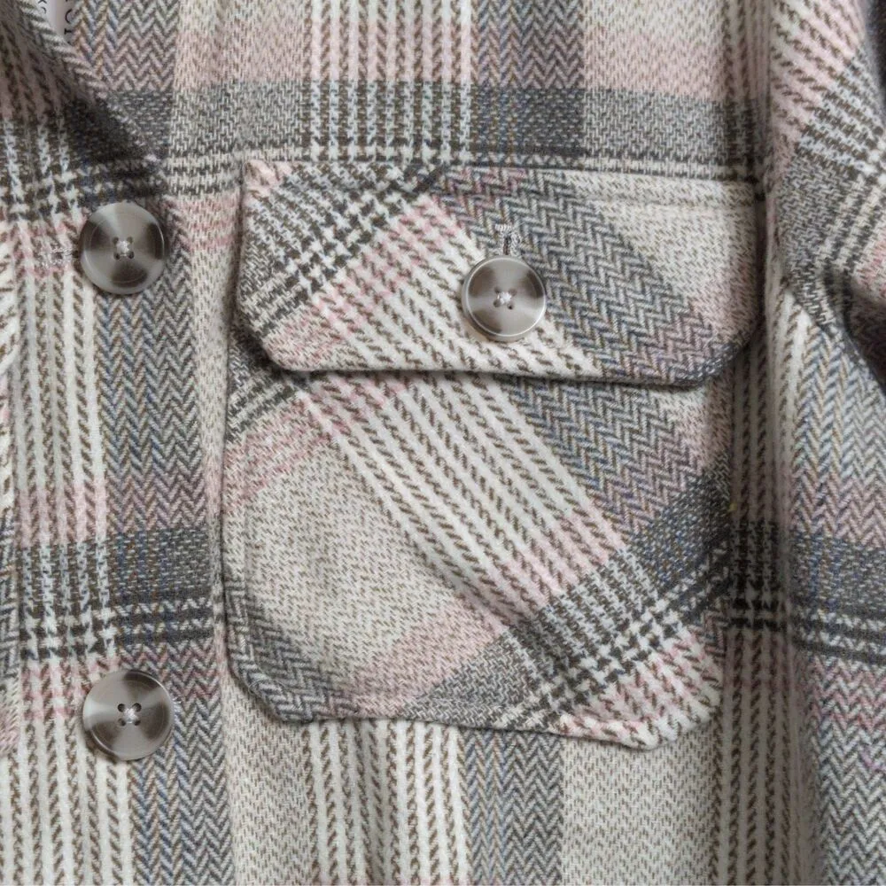 NWT Steve Madden High Noon Shacket Light Grey Plaid Button Front Collar Size S - Image 4