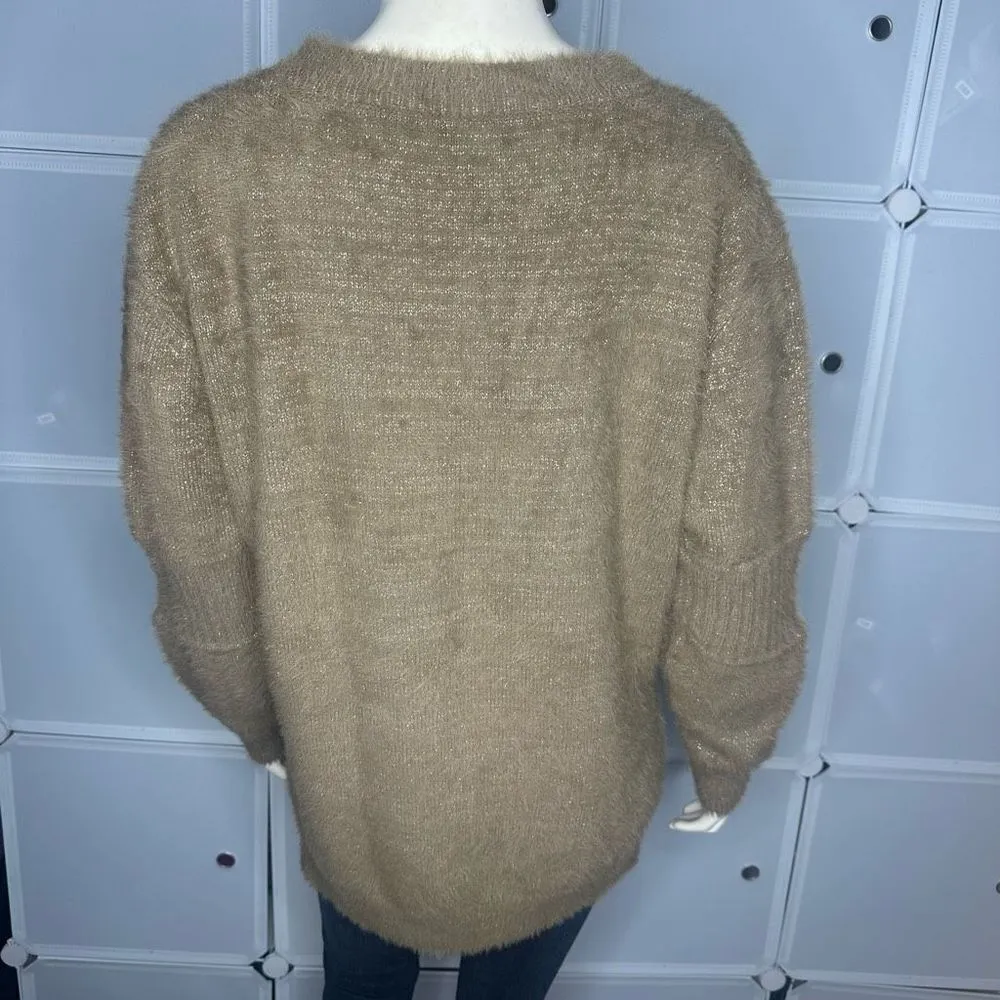 Boutique Super Soft Tan Crew Neck Sweater With Shimmering Gold Detail - Image 2