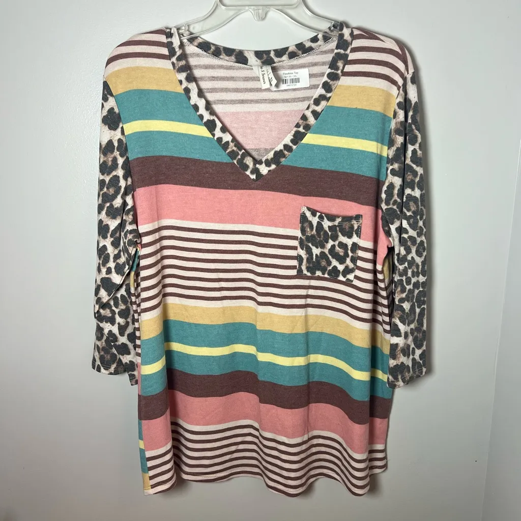 Now N Forever NEW Cheetah Multicolor Stripe Casual Western Preppy Top Size 3XL Brown - Image 2