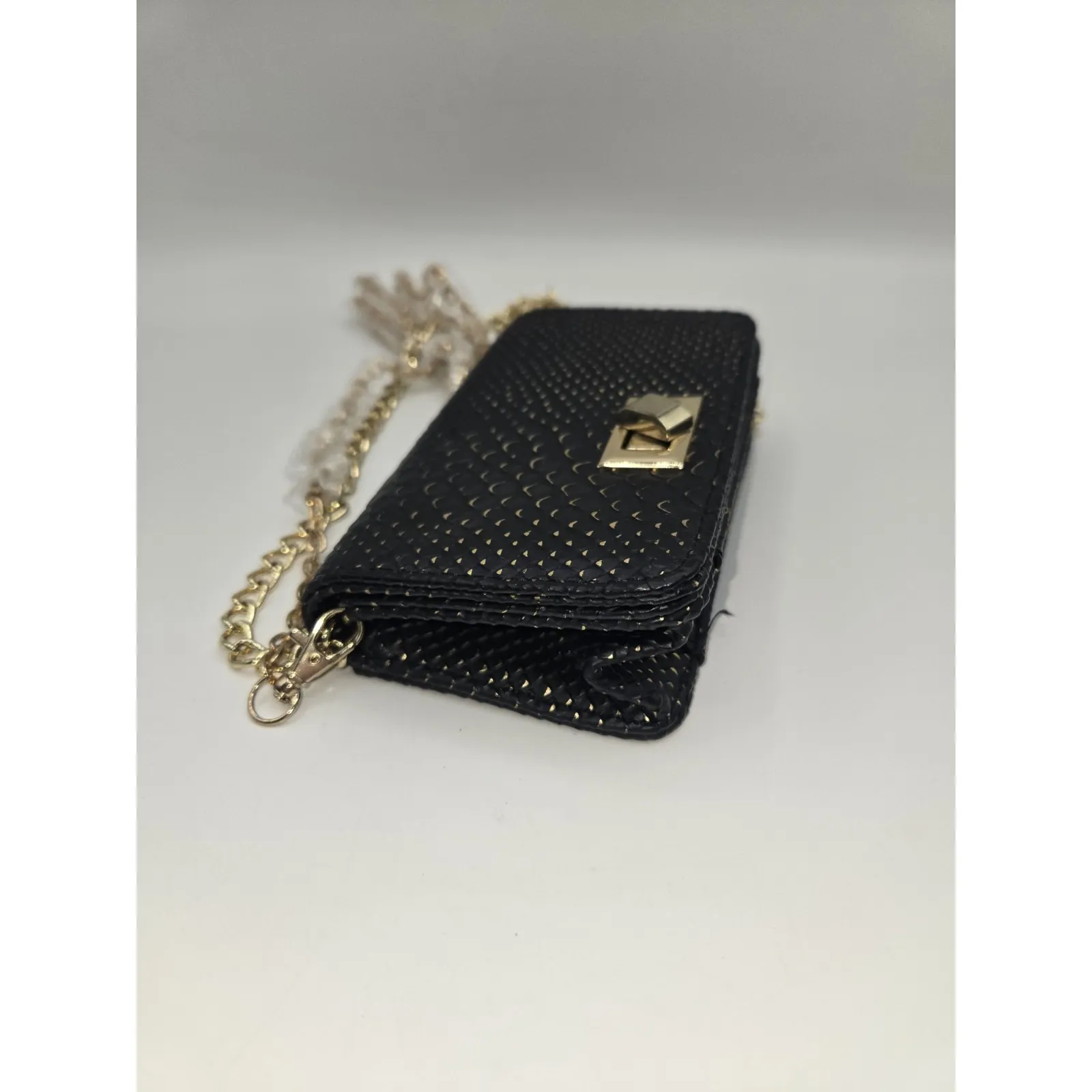 Black Faux Snakeskin Crossbody Purse with Gold Chain Strap & Twist-Lock Closure - Image 5