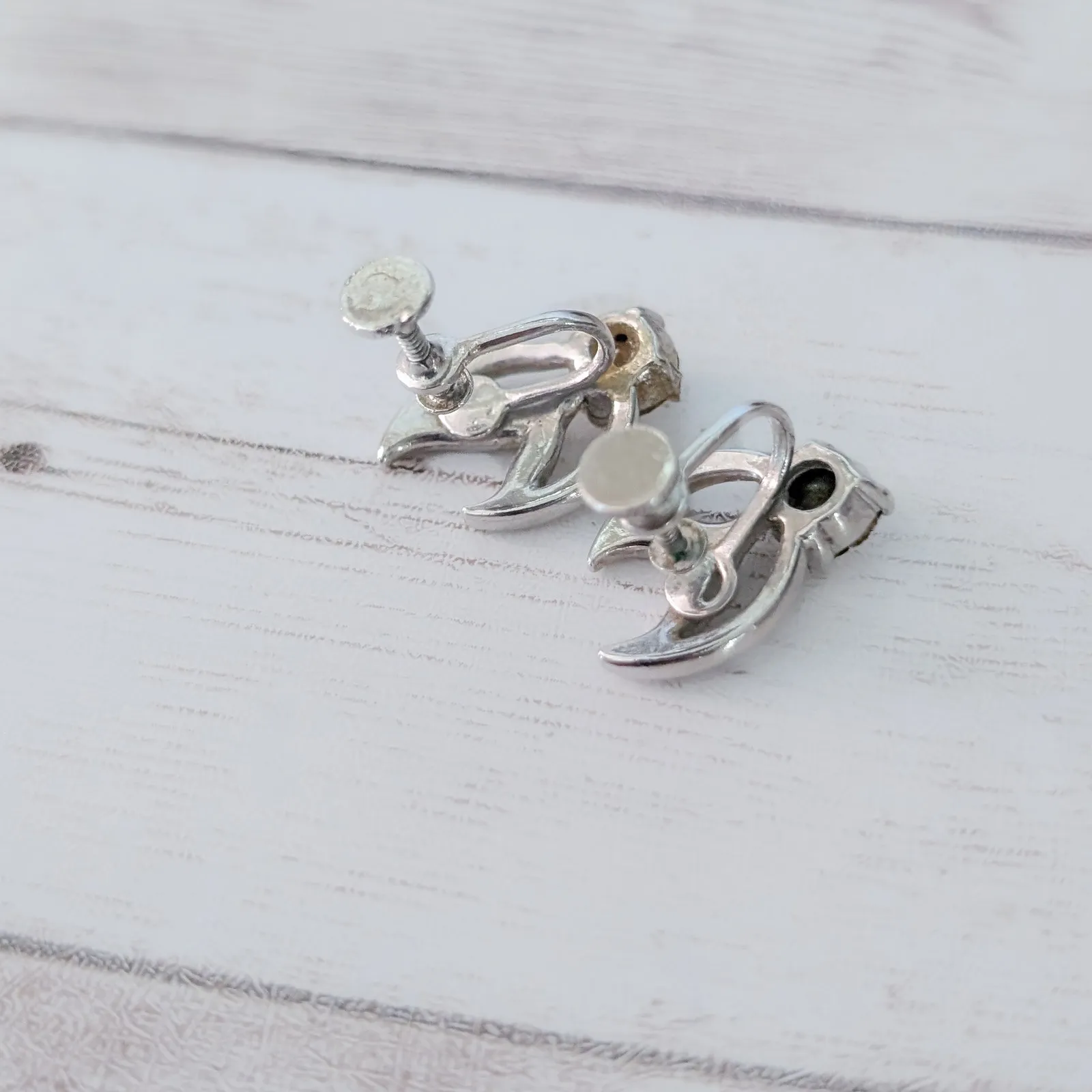 Vintage Screw Back Earrings Silver Tone with Clear Gem 0.75" - Image 5