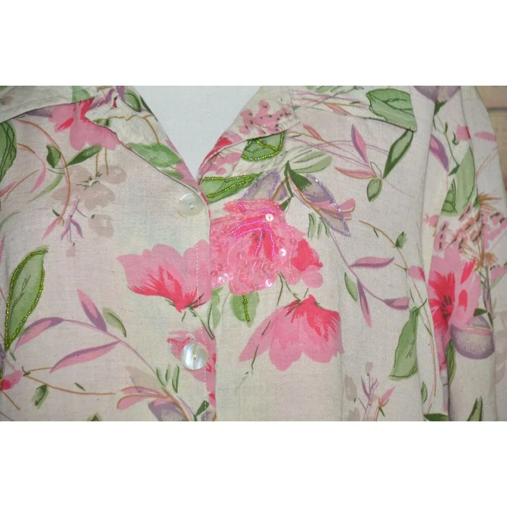 Vintage Beaded Floral Jacket & Matching Handbag Purse Cotton/Flax Plus Size 1X Pink - Image 4