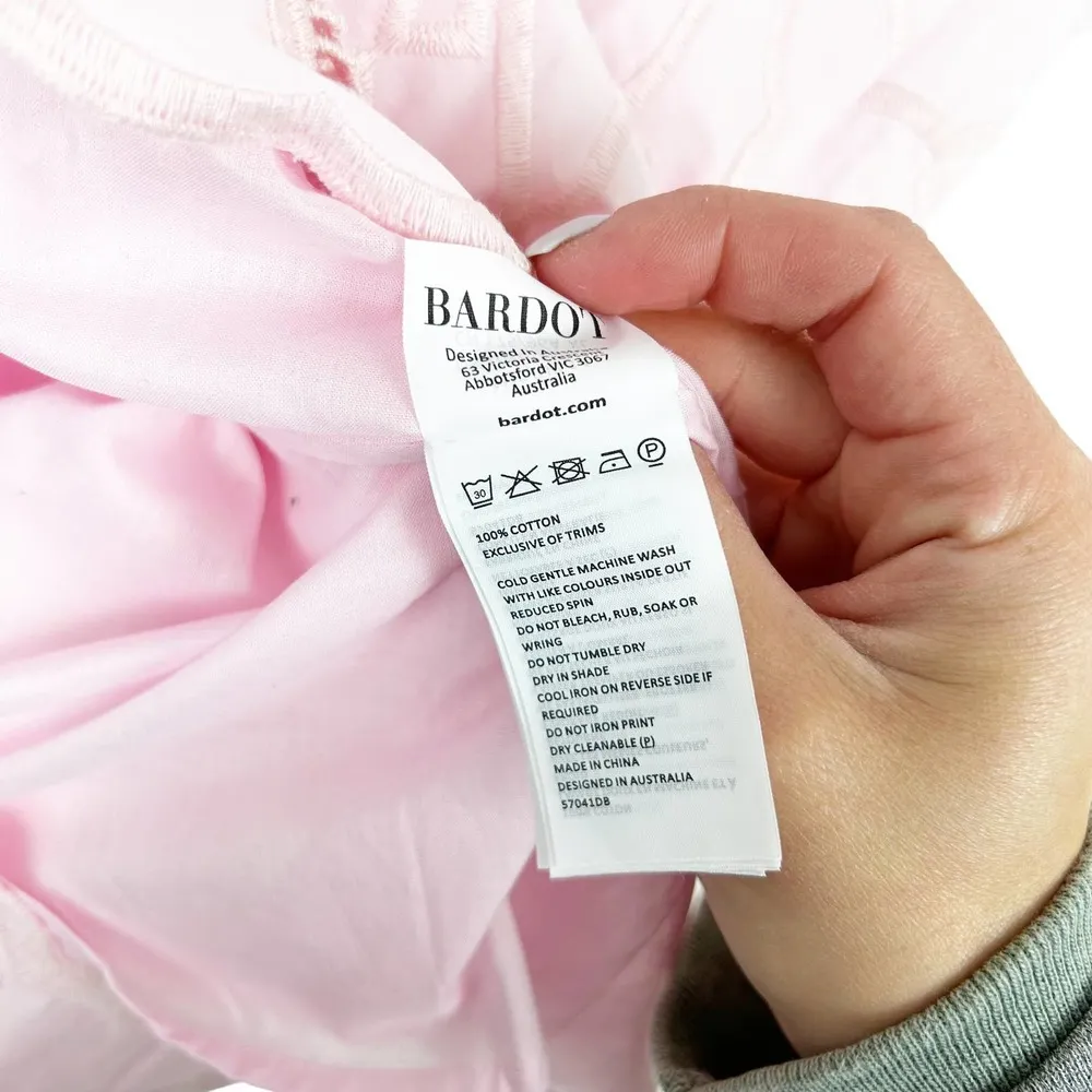 Bardot Light Pink Puff Sleeve Embroidered Eyelet Dress Sz L - Image 4