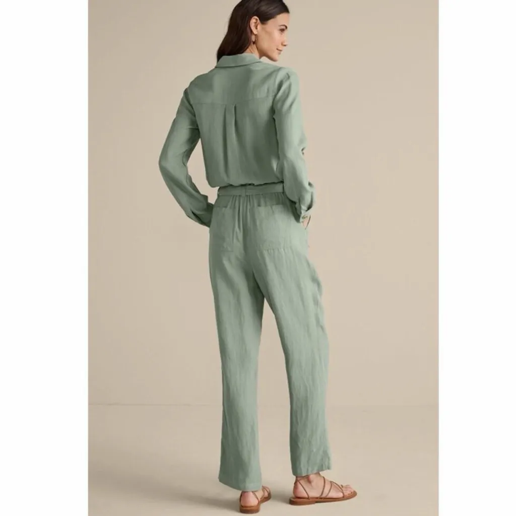 Soft Surroundings Kerry Jumpsuit NWT size 14P Green Milieu Tencel Linen No Belt - Image 2