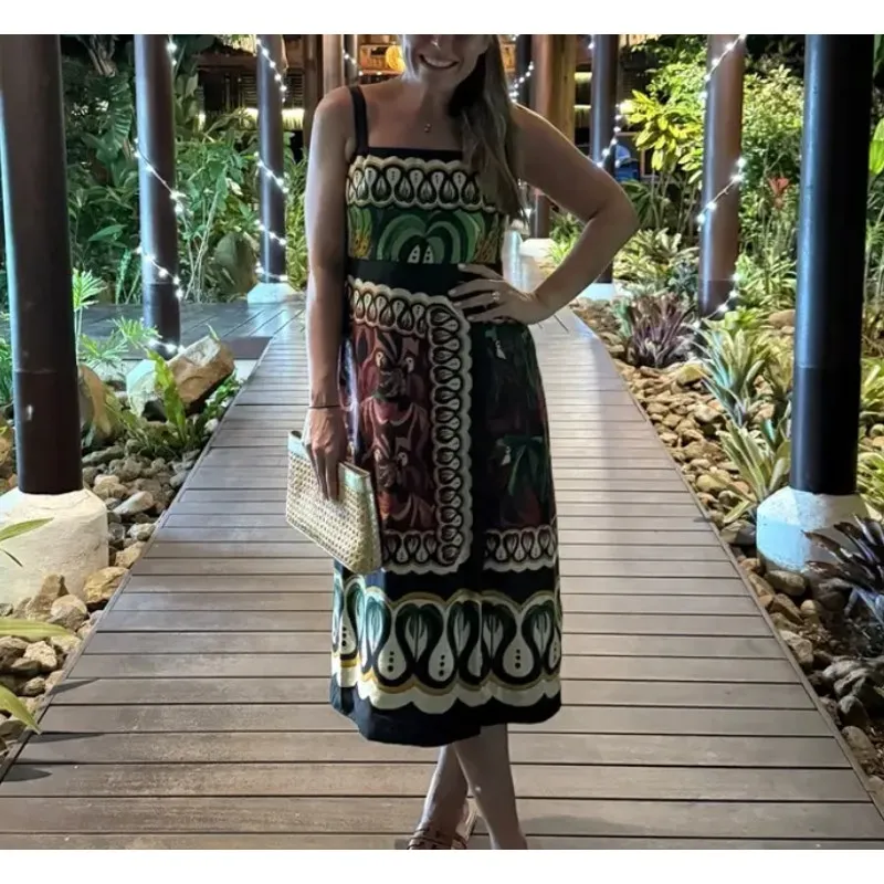 Farm Rio Black Tropical Midi Dress LARGE Faux Wrap Vacation Parrot Linen $280 - Image 7