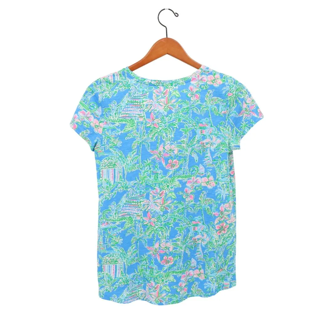 Lilly Pulitzer Etta Cotton V-Neck Boca Blue Beneath the Bougainvillea TShirt Top - Image 4