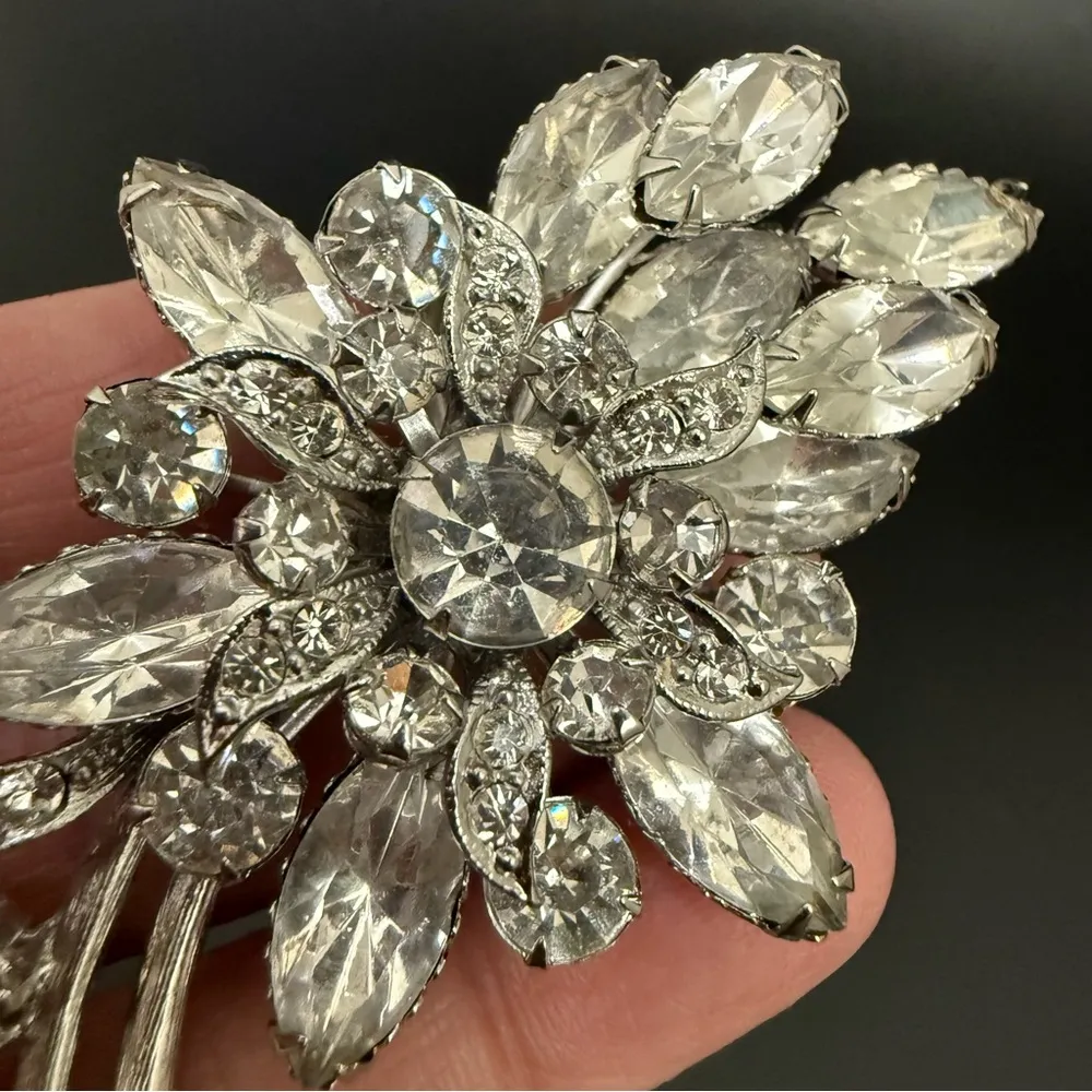 Vintage Unsigned 3D Flower Bouquet Clear Rhinestones Marquis Prong Brooch 27g. Silver - Image 12