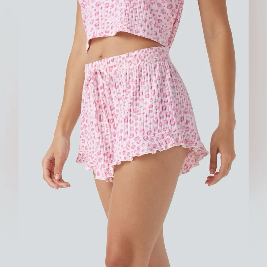Halara NWT Mid-Rise Leopard Print Lounge Shorts – Pink | Ruffle Hem | M - Image 3