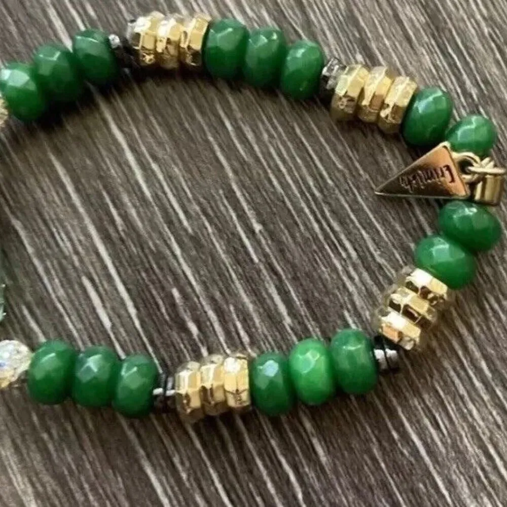 Vintage Erimish Signed Green Jade Beaded Glass Women’s Stretch Bracelet Sz 7 - Image 3