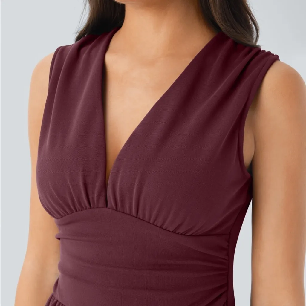 Halara Wine Red SculptKnit V Neck Sleeveless Ruched
Pocket Jumpsuit, Easy Peezy - Image 5