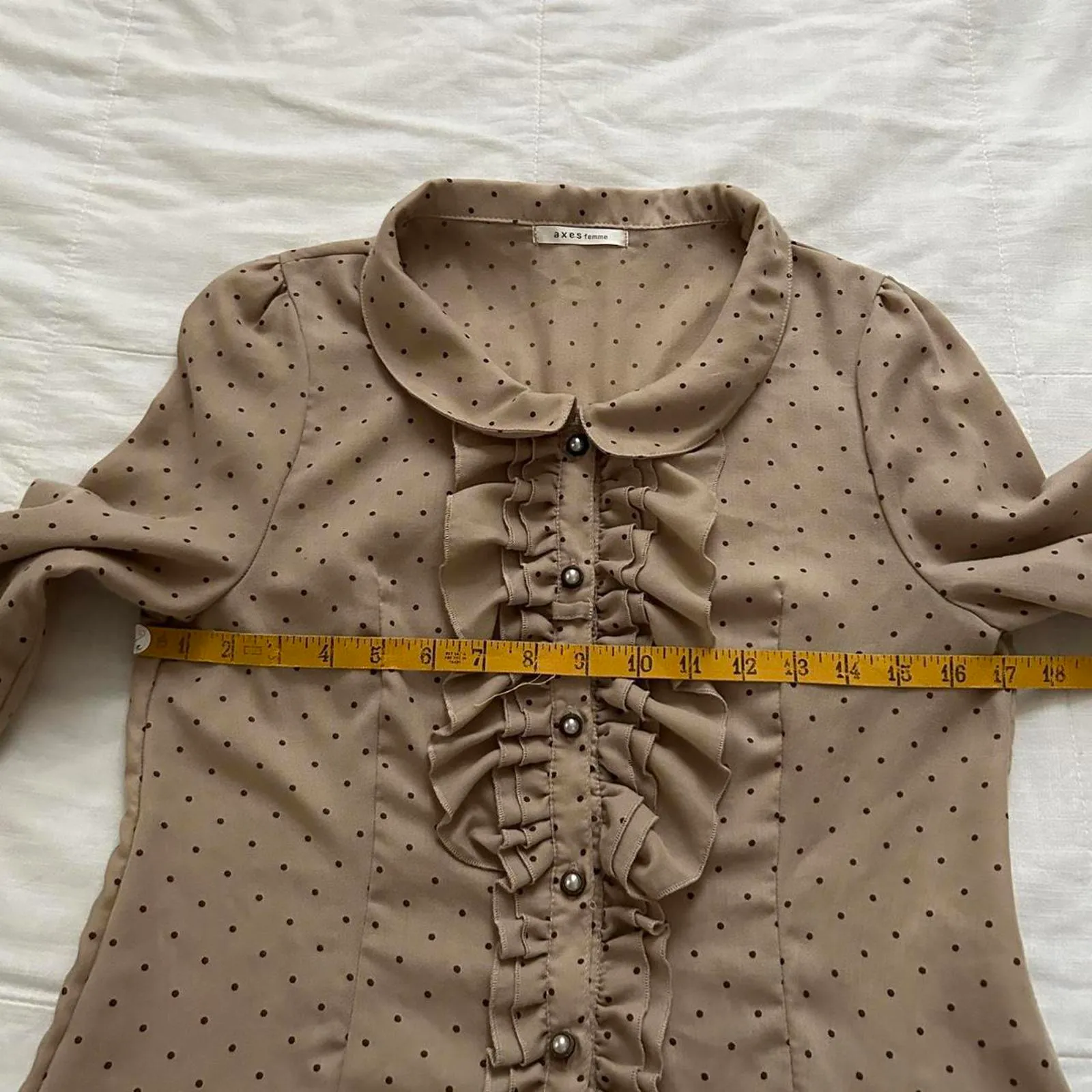 Axes Femme tan brown polka dot blouse ruffles button up front preppy kawaii Size M - Image 5