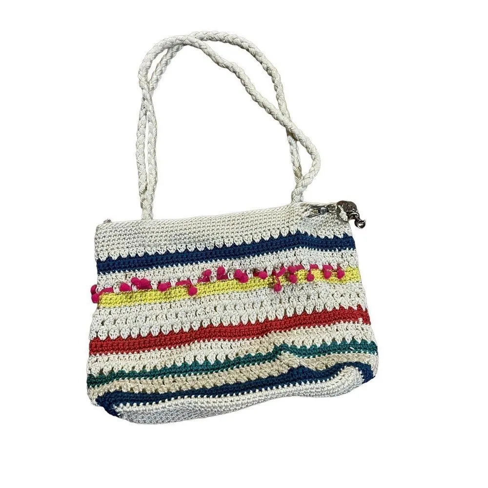 The Sak Crocheted Shoulder Bag Medium Handbag Stripes with pink pom pom row - Image 5