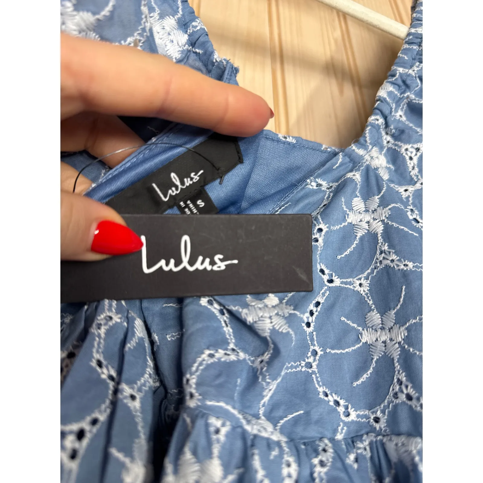 NWT Lulus Fit to Frolic Blue Eyelet Lace Puff Sleeve Babydoll Dress Mini Sz S - Image 10