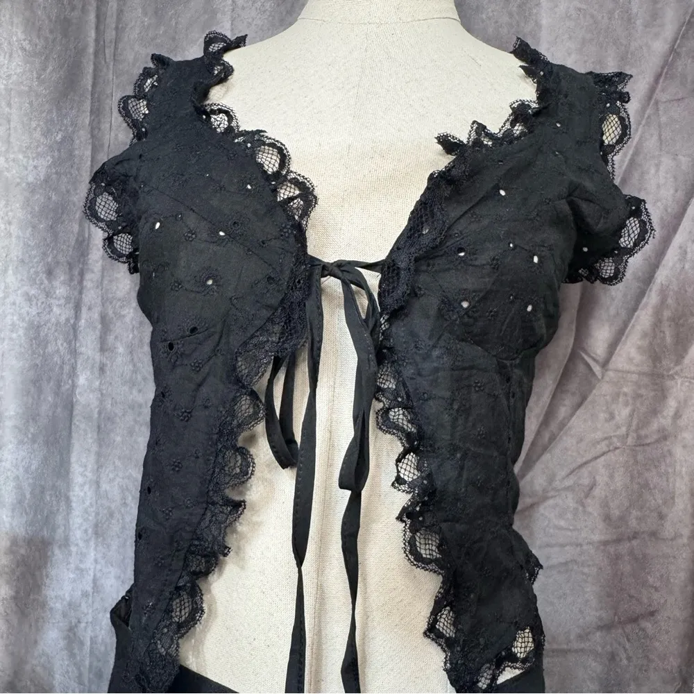 2 Pc Set Eyelet Embroidery Lace Tie Front Crop Top and Mini Skirt Set Summer Black - Image 3