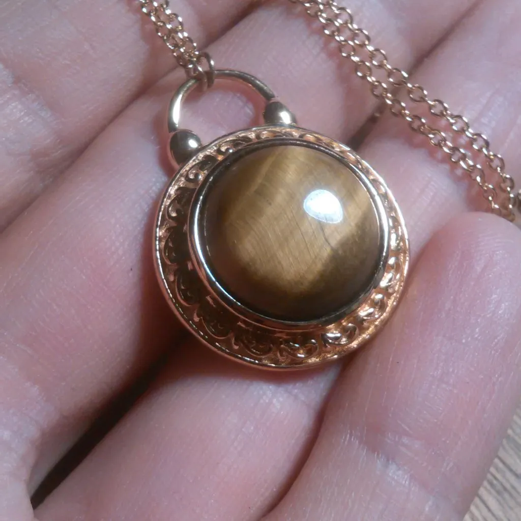 Tiger's Eye 14K Gold over Copper Pendant Gold Plated Stainless Steel Necklace - Image 11
