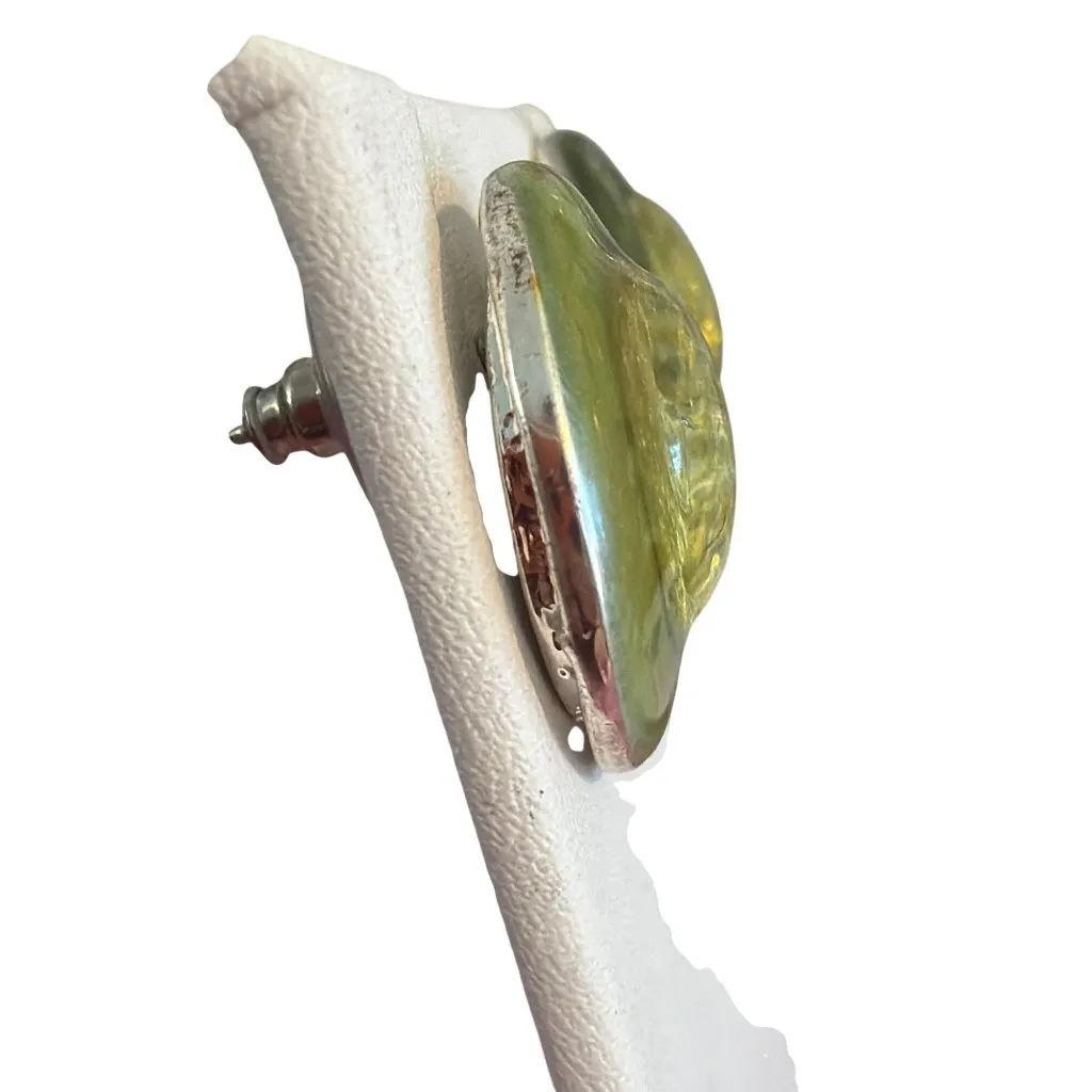 Vintage Green Glass Silver Tone Stud Earrings Domed 9/10" Estate 17.65g - Image 3