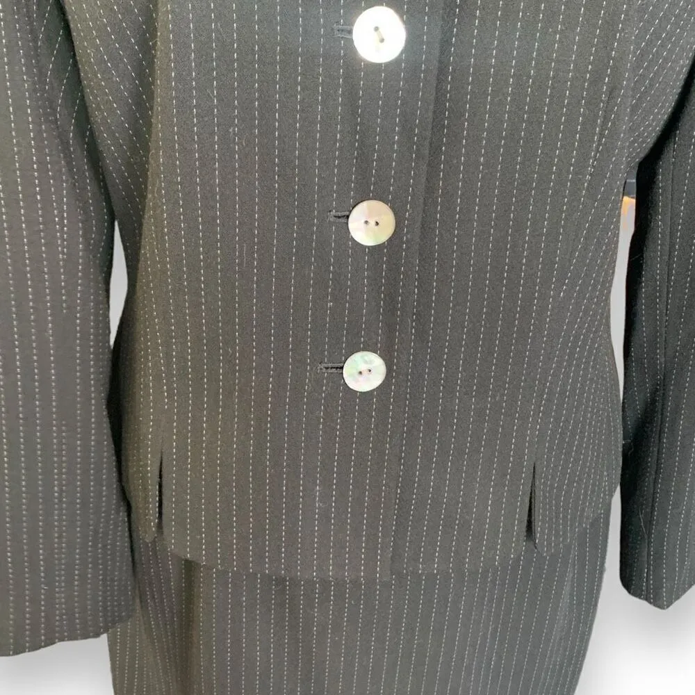 Vintage Jacqueline Ferrar Suit Set Pinstriped Printed Black Jacket Pencil Skirt Size 14 - Image 7
