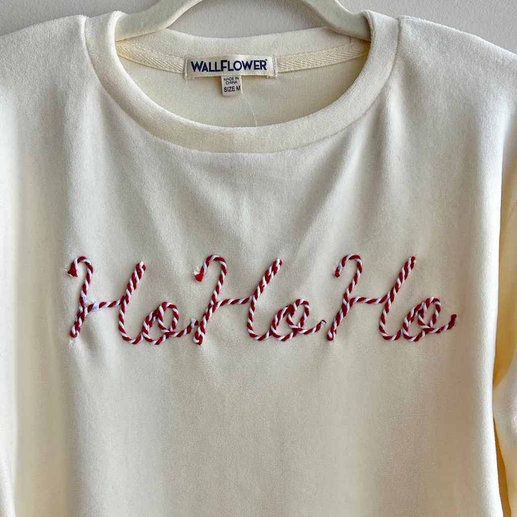 Wallflower Ho Ho Ho Ugly Christmas Sweater, Cropped Fuzzy Holiday Sweater, Med Red - Image 3