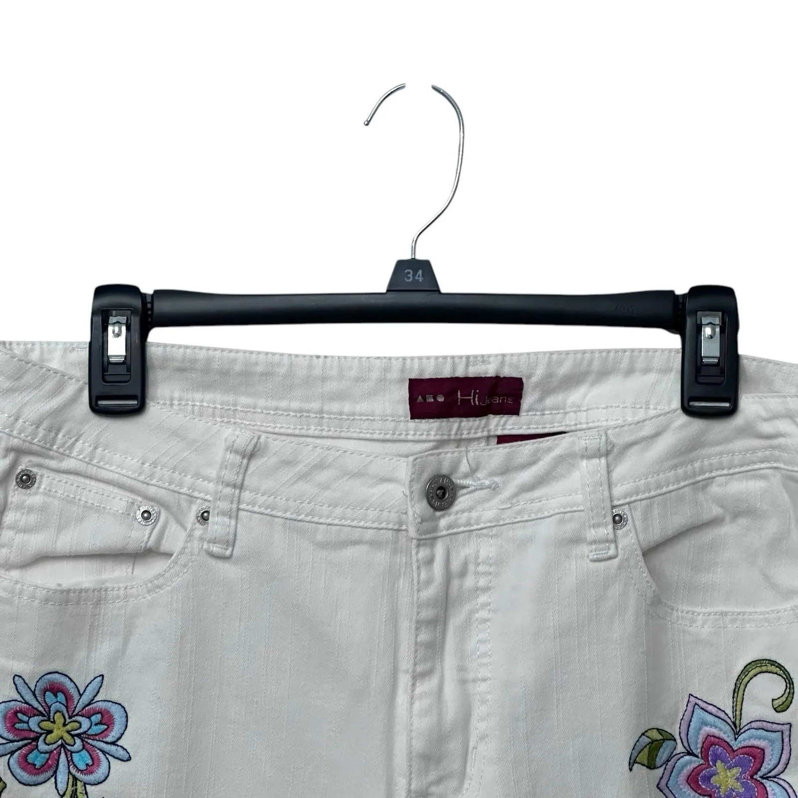 White Denim Floral Embroidered Hi Jeans Women Size 10 Straight Leg Boho Flower - Image 4