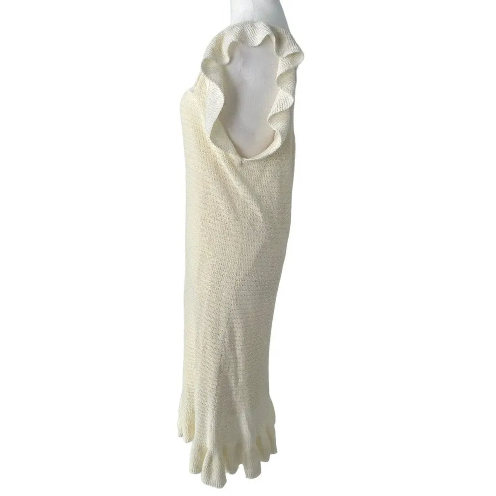 House of Harlow 1960 Cream Knit Ruffle Flutter Sleeve Knee Length Midi Dress L - Image 6