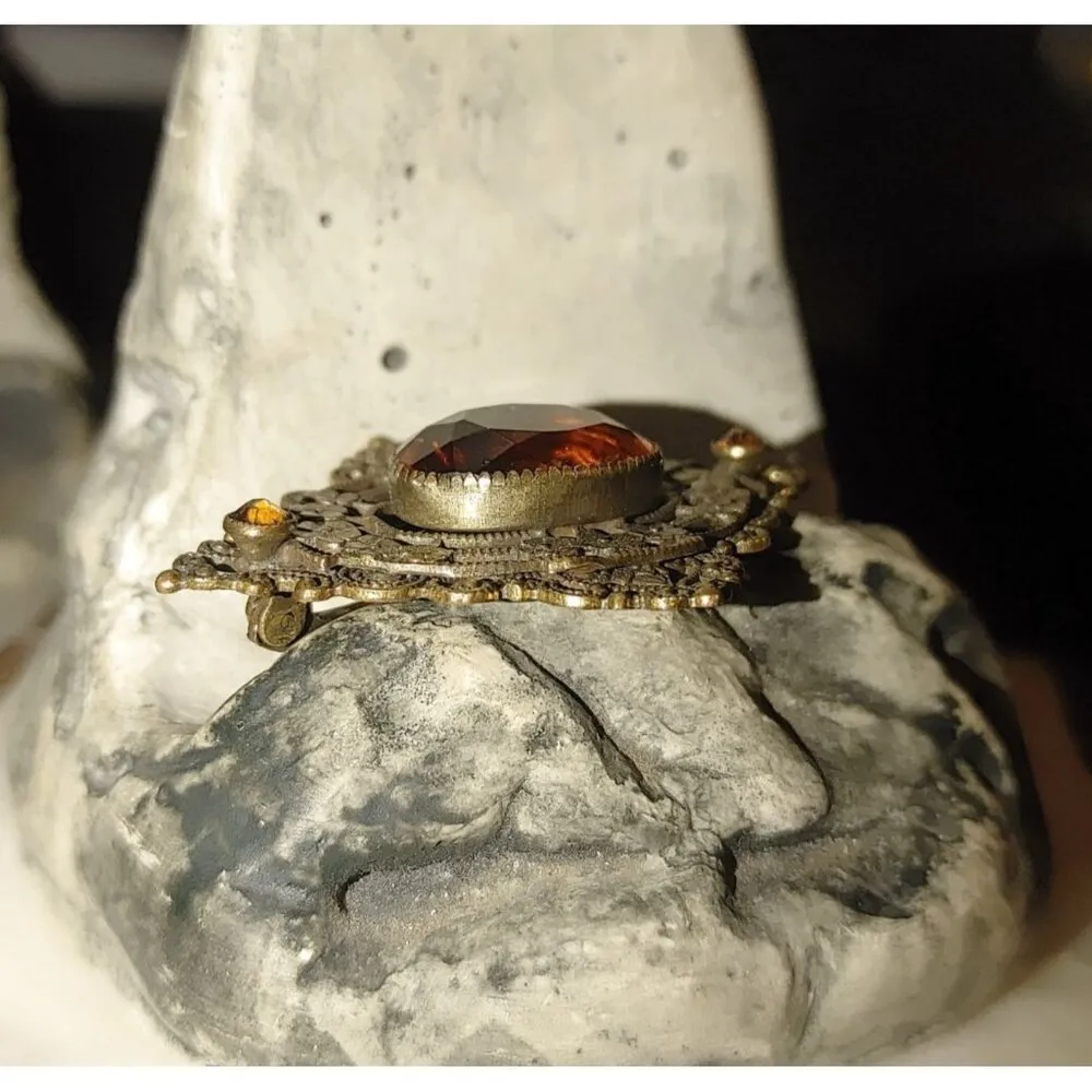 Antique Victorian Brass Filigree Brooch Yellow Orange Amber Colored Glass - Image 7