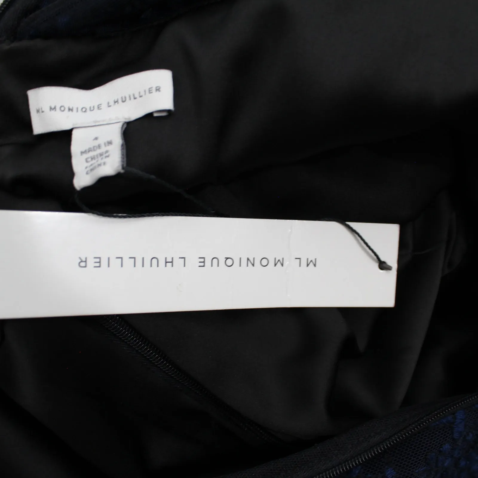 ML Monique Lhuillier Black & Blue Tie-Neck Lace Long Sleeve Ruffled Dress - Image 8